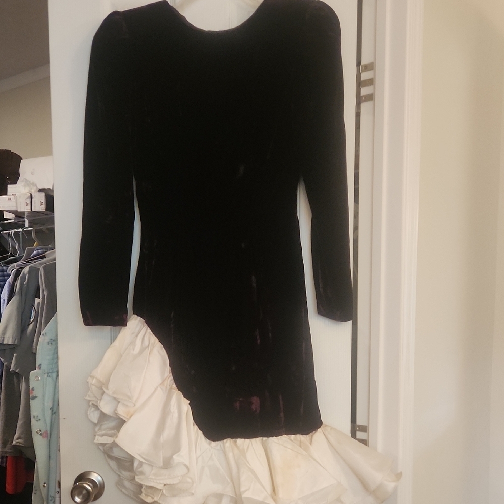 Black Velvet Dress with Cream Ruffle